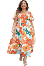 Cargar imagen en el visor de la galería, Orange Plus Size Flower Print Shirred Square Neck Maxi Dress
