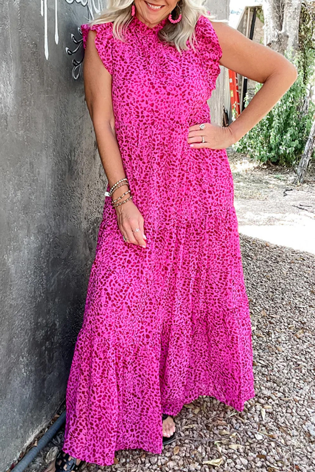 Hot Pink Leopard Print Ruffled Trim Tiered Maxi Dress