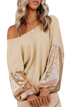 Load image into Gallery viewer, Apricot Sequin Patchwork Sleeve Open Back Waffle Knit Top
