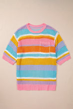 Load image into Gallery viewer, Pink Stripe Plus Size Open Knit Patch Pocket Short Sleeve Sweater
