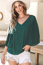 Load image into Gallery viewer, Blackish Green 3/4 Pleated Bell Sleeve V Neck Blouse
