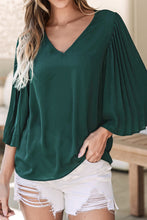 Load image into Gallery viewer, Blackish Green 3/4 Pleated Bell Sleeve V Neck Blouse
