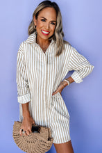 Load image into Gallery viewer, Khaki Stripe Long Sleeve Button Up Mini Shirt Dress
