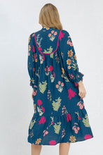 Cargar imagen en el visor de la galería, Blue Floral Print Gathered Neckline 7/8 Sleeve Casual Midi Dress
