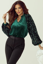 Load image into Gallery viewer, Evergreen Sequin Patchwork Sleeve Button Up Velvet Top
