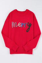 Cargar imagen en el visor de la galería, Fiery Red Tinsel Merry Letter Drop Shoulder Baggy Sweater
