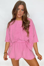 Load image into Gallery viewer, Sachet Pink Loose Fit Half Sleeve T Shirt and High Waist Skirt Set
