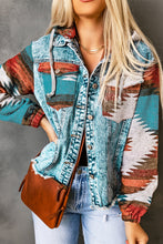 Cargar imagen en el visor de la galería, Multicolor Aztec Print Frayed Hem Denim Jacket
