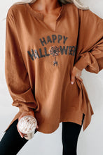 Cargar imagen en el visor de la galería, Chestnut Sequin Happy Halloween Graphic Notched Neck Long Sleeve Loose Top
