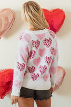 Cargar imagen en el visor de la galería, Pink Heart Leopard Print Pearled Ribbed Trim Fuzzy Sweater
