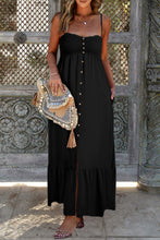 Cargar imagen en el visor de la galería, Black Spaghetti Straps Smocked Front Slit Buttoned Dress
