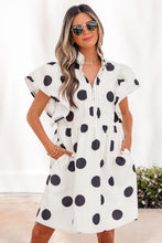 Load image into Gallery viewer, White Polka Dot Print Half Button Ruffled Short Sleeve Loose Mini Dress
