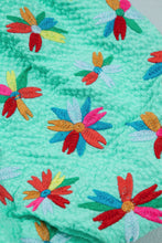 Cargar imagen en el visor de la galería, Mint Green Frilled V Neck Flower Embroidered Puff Sleeve Textured Blouse
