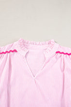 Cargar imagen en el visor de la galería, Pink Stripe Ricrac Trim Split Neck Striped Ruffled Sleeve Blouse
