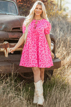 Load image into Gallery viewer, Rose Leopard Puff Sleeve Tie Front High Waist Mini Dress
