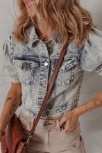 Load image into Gallery viewer, Beau Blue Light Wash Buttoned Chest Pocket Puff Sleeve Denim Jacket
