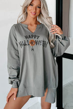 Cargar imagen en el visor de la galería, Medium Grey Sequin Happy Halloween Graphic Notched Neck Long Sleeve Loose Top
