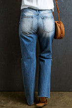 Load image into Gallery viewer, Light Blue Distressed Holes Raw Edge Straight Jeans
