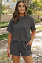 Cargar imagen en el visor de la galería, Carbon Grey Ribbed Textured Knit Loose Fit Tee and Shorts Set
