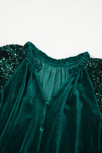 Load image into Gallery viewer, Evergreen Sequin Patchwork Sleeve Button Up Velvet Top
