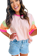 Cargar imagen en el visor de la galería, Pink Color Block Stitching Sleeve Round Neck Oversize Top
