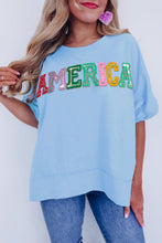 Cargar imagen en el visor de la galería, Mist Blue Sparkle America Pastel Embroidered Graphic T-shirt
