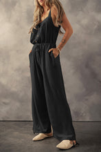 Load image into Gallery viewer, Black Knotted Straps Button Textured Drawstring Jumpsuit
