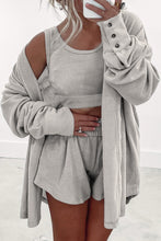 Load image into Gallery viewer, Gray 3 Pcs Crop Tank Top Shorts with Cardigan Lounge Set
