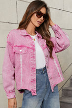 Load image into Gallery viewer, Pink Lace Patchwork Distressed Buttoned Denim Jacket
