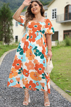 Cargar imagen en el visor de la galería, Orange Plus Size Flower Print Shirred Square Neck Maxi Dress
