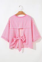 Cargar imagen en el visor de la galería, Pink Stripe Bowknot Cutout Back Drop Shoulder Wide Bracelet Sleeve Loose Tee
