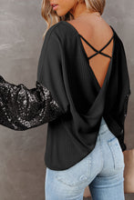 Cargar imagen en el visor de la galería, Black Sequin Patchwork Sleeve Open Back Waffle Knit Top
