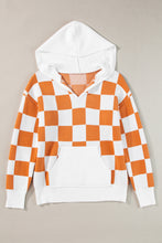 Load image into Gallery viewer, Gold Flame Checkered Split Neck Contrast Kangaroo Pocket Hooded Sweater
