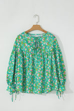 Load image into Gallery viewer, Green Abstract Printed Lace-up Lantern Sleeve Babydoll Blouse
