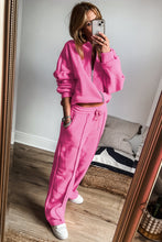 Cargar imagen en el visor de la galería, Bright Pink Solid Seamed Zipper Jacket and Drawstring Waist Pants Set
