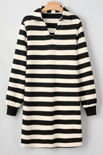 Load image into Gallery viewer, Black Stripe Collared V Neck Long Sleeve Loose Casual Dress
