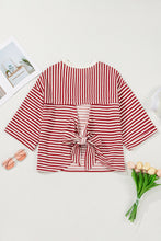 Cargar imagen en el visor de la galería, Red Stripe Bowknot Cutout Back Drop Shoulder Wide Bracelet Sleeve Loose Tee
