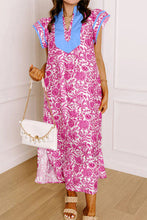 Load image into Gallery viewer, Pink Floral Print Color Block Patchwork V Neck Short Sleeve Midi Dress
