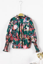 Load image into Gallery viewer, Green Abstract Print Smocked Cuffs Frilled Neck Blouse
