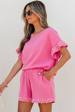 Cargar imagen en el visor de la galería, Bright Pink Textured Pearled Ruffle Sleeve Top 2 Piece Shorts Set

