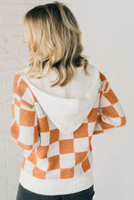 Load image into Gallery viewer, Gold Flame Checkered Split Neck Contrast Kangaroo Pocket Hooded Sweater
