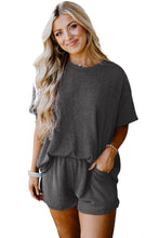 Cargar imagen en el visor de la galería, Carbon Grey Ribbed Textured Knit Loose Fit Tee and Shorts Set
