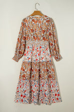 Load image into Gallery viewer, Khaki Floral Print Ruffled Tiered Long Sleeve V Neck Midi Dress
