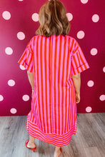 Cargar imagen en el visor de la galería, Red Stripe V Neck Cuffed Sleeve Relaxed Split Midi Dress
