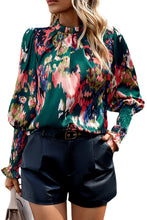 Cargar imagen en el visor de la galería, Green Abstract Print Smocked Cuffs Frilled Neck Blouse
