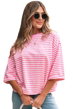 Cargar imagen en el visor de la galería, Pink Stripe Bowknot Cutout Back Drop Shoulder Wide Bracelet Sleeve Loose Tee

