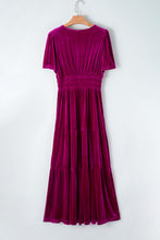 Load image into Gallery viewer, Red Dahlia Velvet Short Sleeve Shirred Waist Tiered Maxi Dress
