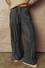 Load image into Gallery viewer, Black Mineral Wash Tiered Wide Leg Patchwork Drawstring Pants
