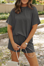 Cargar imagen en el visor de la galería, Carbon Grey Ribbed Textured Knit Loose Fit Tee and Shorts Set
