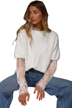 Load image into Gallery viewer, Beige Lace Sleeve Patchwork Faux Two-piece Fuzzy Sweater
